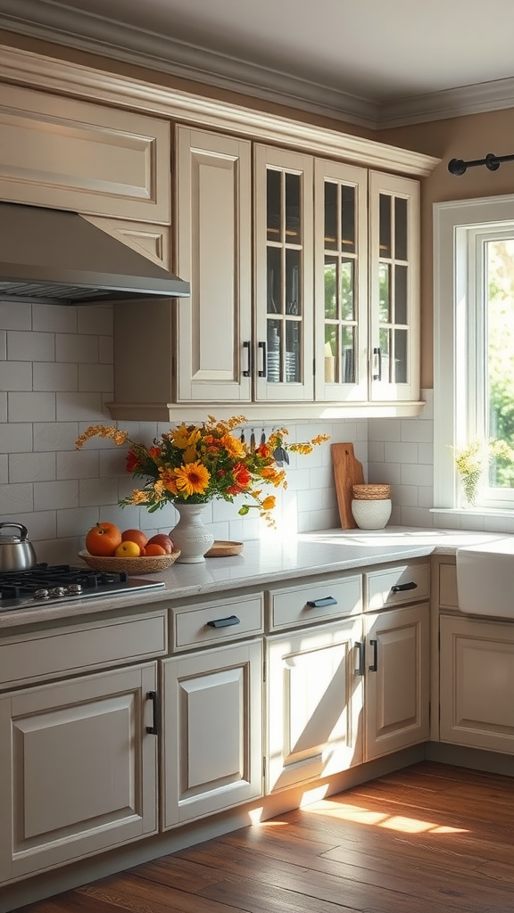 A light gray kitchen with cabinets, featuring a bouquet of flowers and fresh fruits on the countertop.