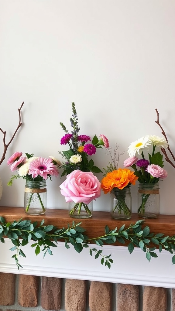 A decorated farmhouse living room mantle with seasonal floral arrangements in mason jars.