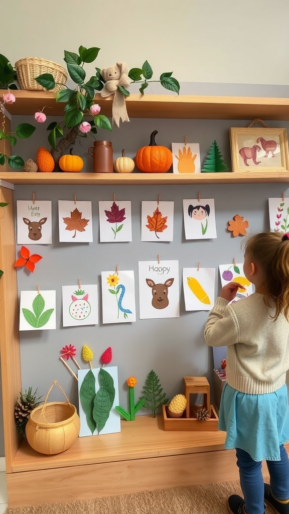 A child looking at seasonal nature displays in a playroom, featuring colorful art and decorations.