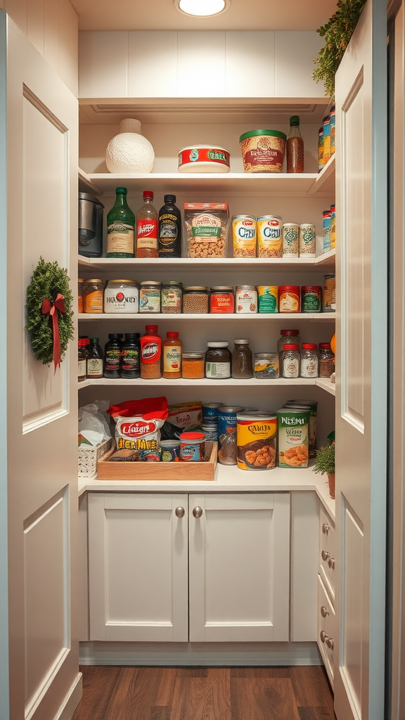 A well-organized corner kitchen pantry with shelves filled with various food items and a festive wreath.