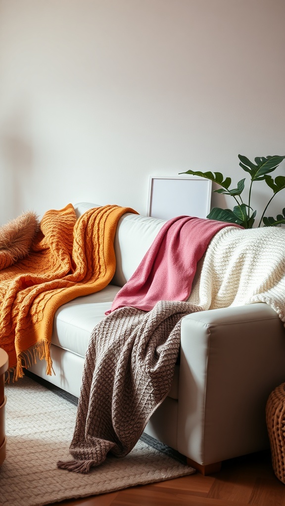 Cozy living room with a variety of colorful throw blankets draped over a white sofa.