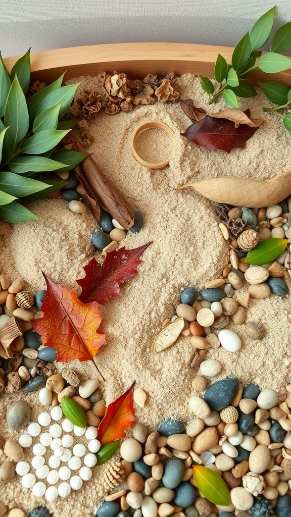 A sensory nature table filled with sand, pebbles, leaves, and natural materials.