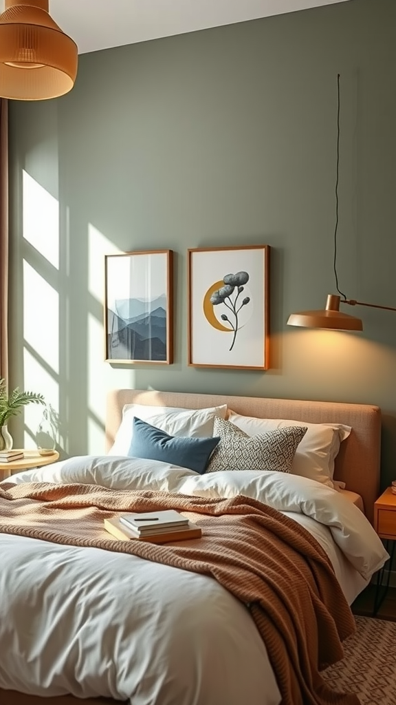 Cozy bedroom with sage green accent wall, warm bedding, and stylish decor.