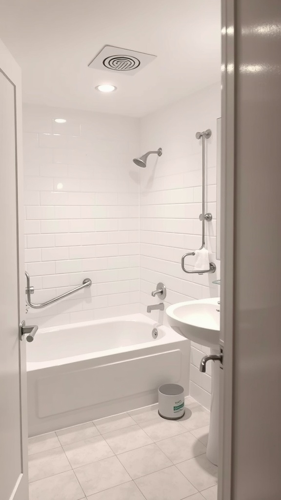 A bright, modern white bathroom featuring a bathtub, shower, sink, and white tiled walls.