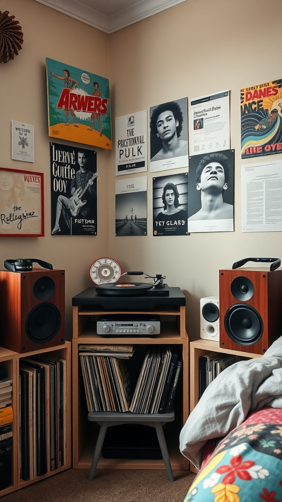 A cozy music station featuring a record player, speakers, and posters on the wall.