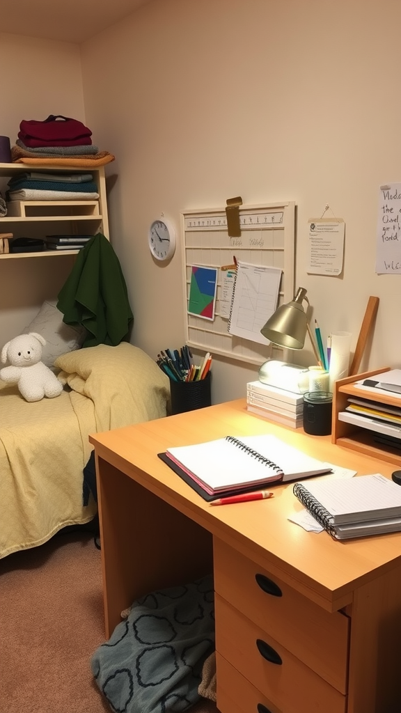 A cozy single dorm room featuring a study desk with notebooks and a lamp, a bed with a yellow blanket, and a small shelf with colorful items.