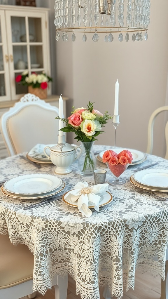 A beautifully set table with a lace tablecloth, vintage dishware, and fresh flowers for Valentine's Day.