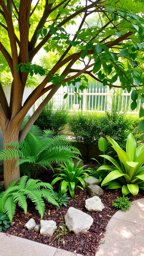 A small shaded garden area featuring ferns, vibrant green plants, and stones.