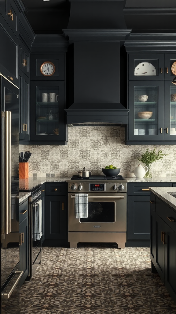 A modern dark kitchen featuring artistic tile designs in blue and beige.