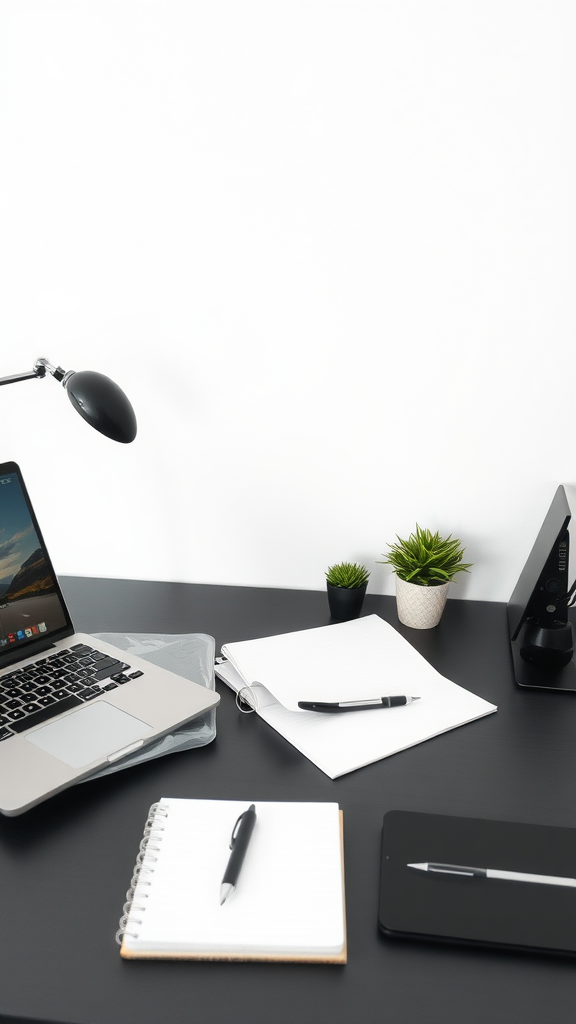 A minimalist desk setup featuring a laptop, notepads, pens, and small plants.