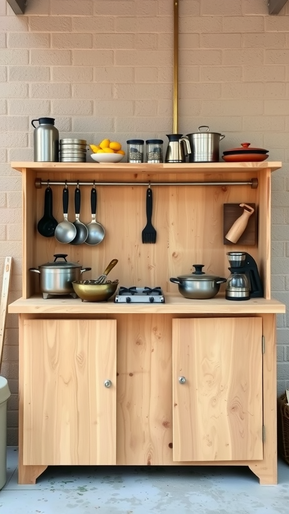 A simple wooden outdoor kitchen counter with cooking utensils and pots displayed on top.