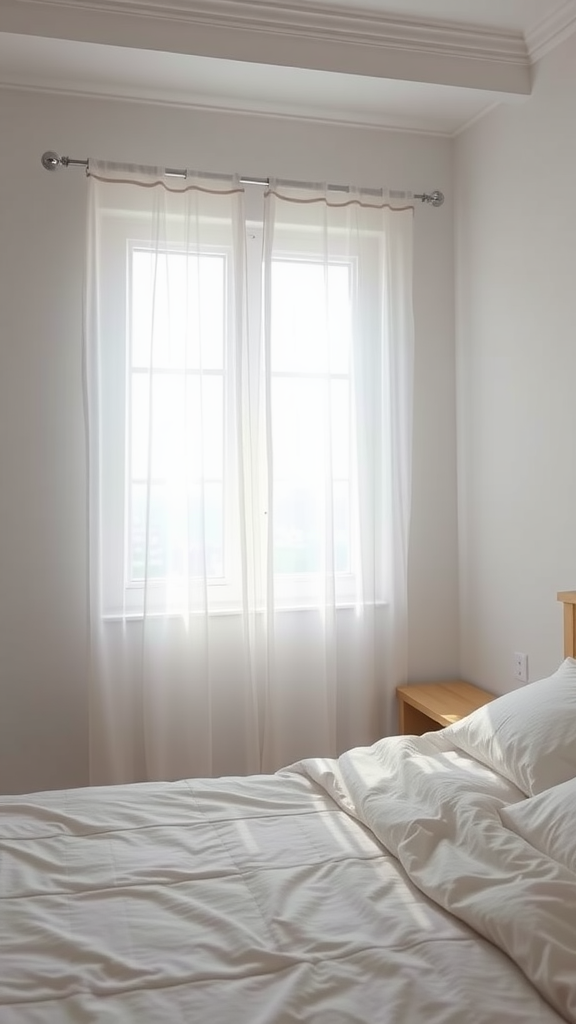 A bright bedroom with sheer white curtains hanging over a window, complemented by a neatly made bed.