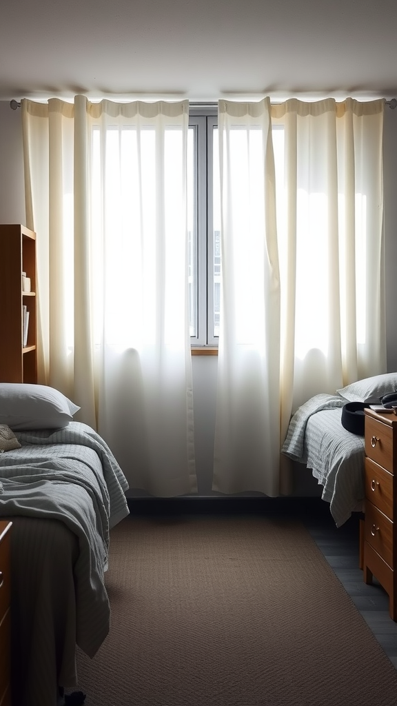 A dorm room with light sheer curtains draping over a large window, allowing natural light to fill the space.