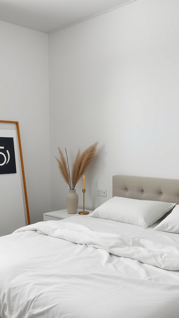 A minimalist bedroom with simple decor including a vase, candle, and framed artwork.