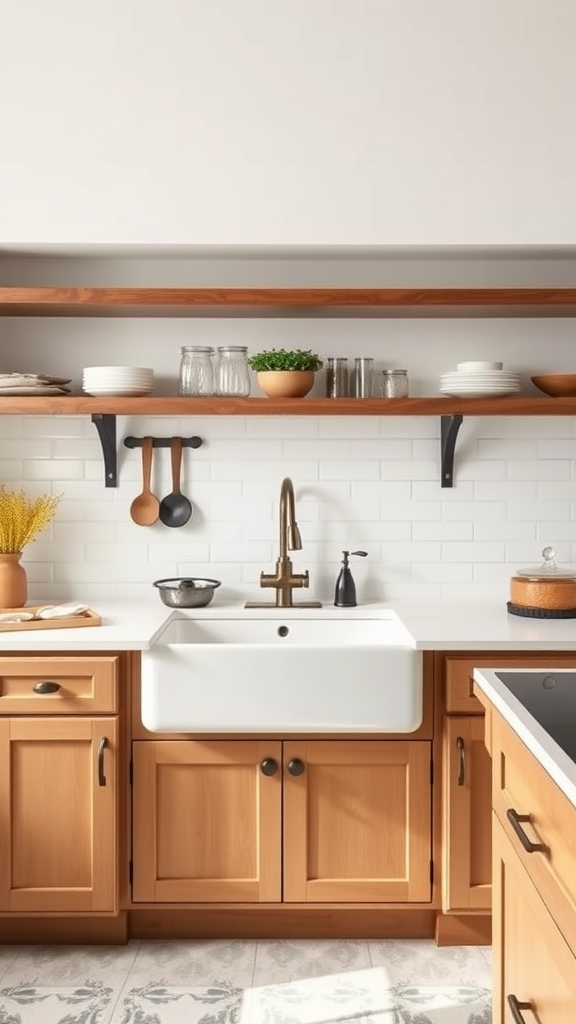 A farmhouse kitchen featuring a large white sink, wooden cabinets, and open shelving.