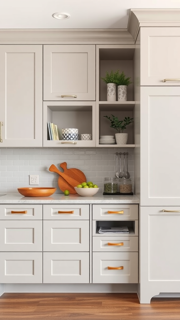 A sleek kitchen featuring light gray cabinets and a modern design.