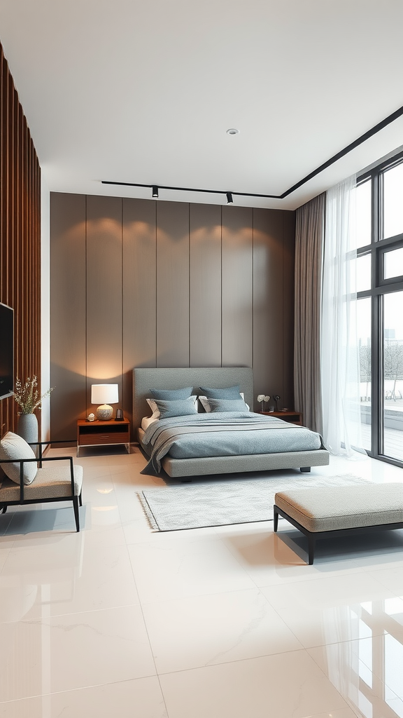 A modern bedroom featuring sleek furniture with a minimalist design and neutral colors.