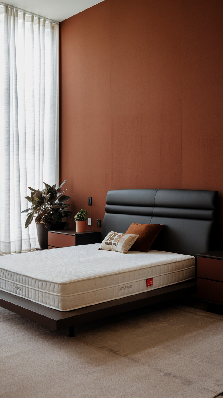 A modern bedroom featuring sleek black furniture and a rust-colored wall.