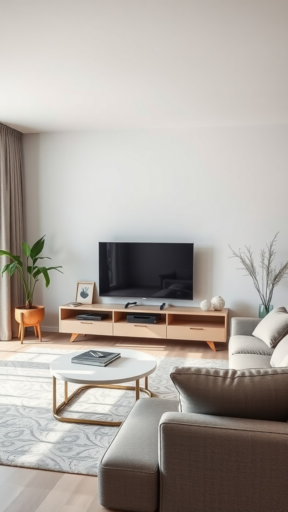 A modern living room featuring a sleek entertainment center with a TV and decorative elements.