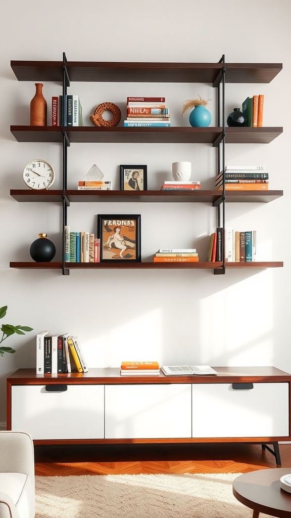 Modern living room with sleek floating shelves displaying books and decorative items.