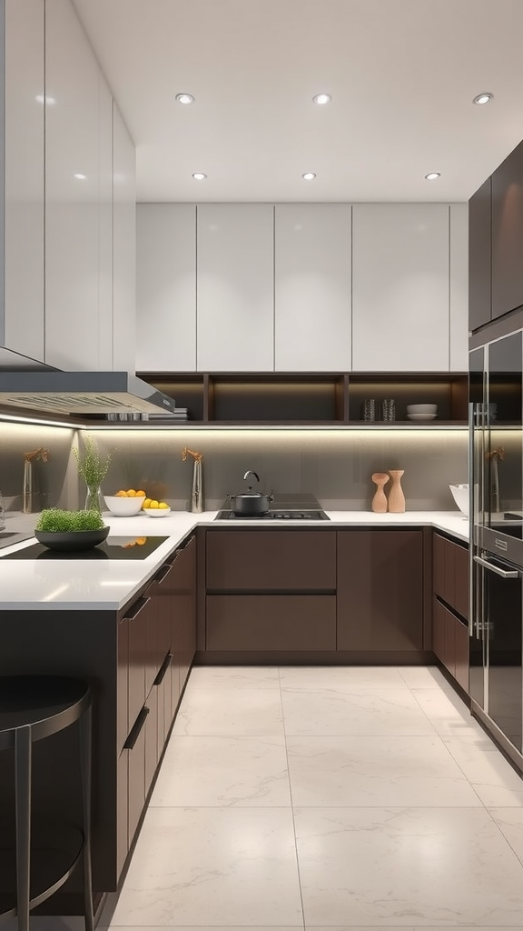 A modern kitchen with sleek lines and minimalist cabinets in dark and light tones.