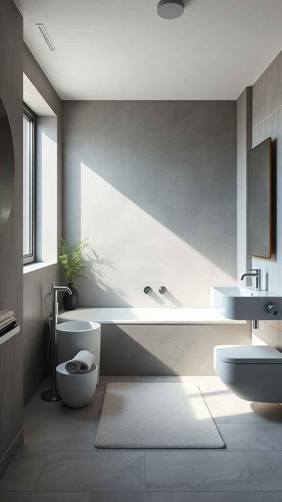 A modern bathroom with microcement walls, featuring a bathtub, sink, and minimal decor.