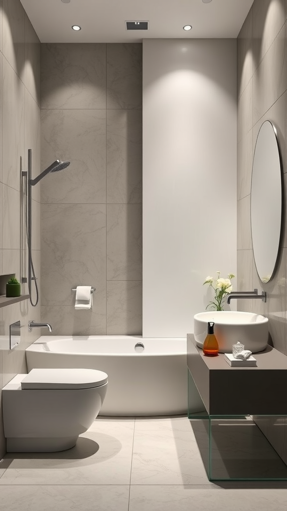 A modern luxury bathroom featuring a sleek design with minimal decorations.