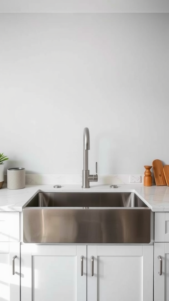 A sleek stainless steel farmhouse kitchen sink with a modern faucet and minimalistic design.