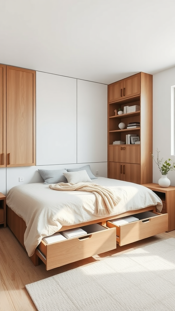 A minimalist bedroom with a wooden bed featuring under-bed storage, a wooden shelf, and a soft color palette.