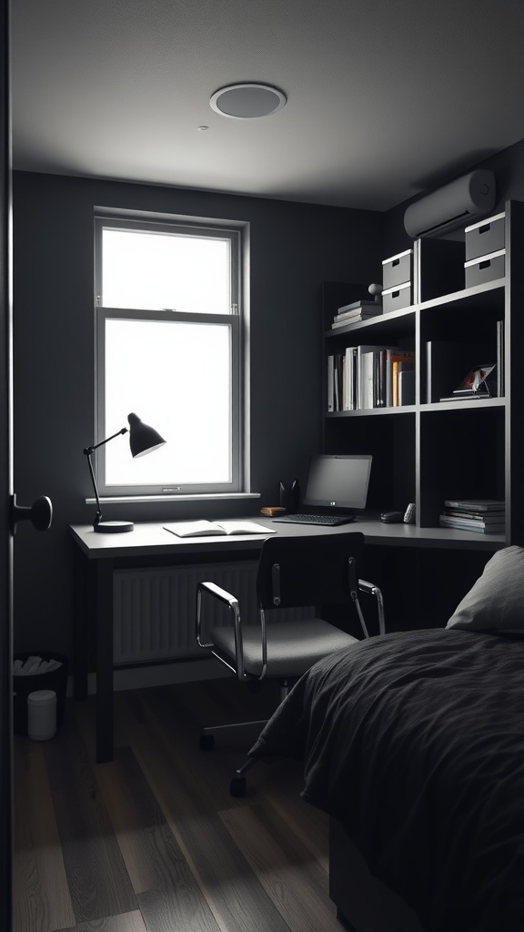 A modern black dorm room study nook with a desk, chair, and organized shelves.