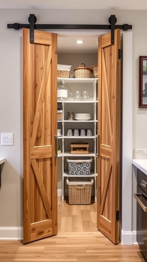 Sliding doors leading to a well-organized corner kitchen pantry.