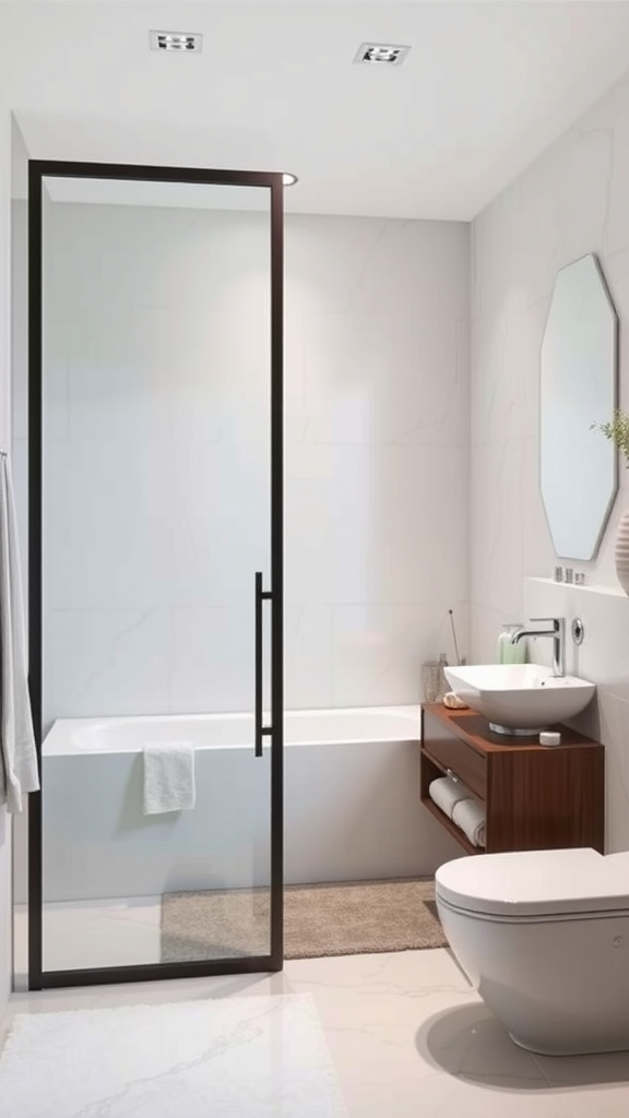 A modern bathroom featuring a sliding door with a glass panel and a sleek bathtub.