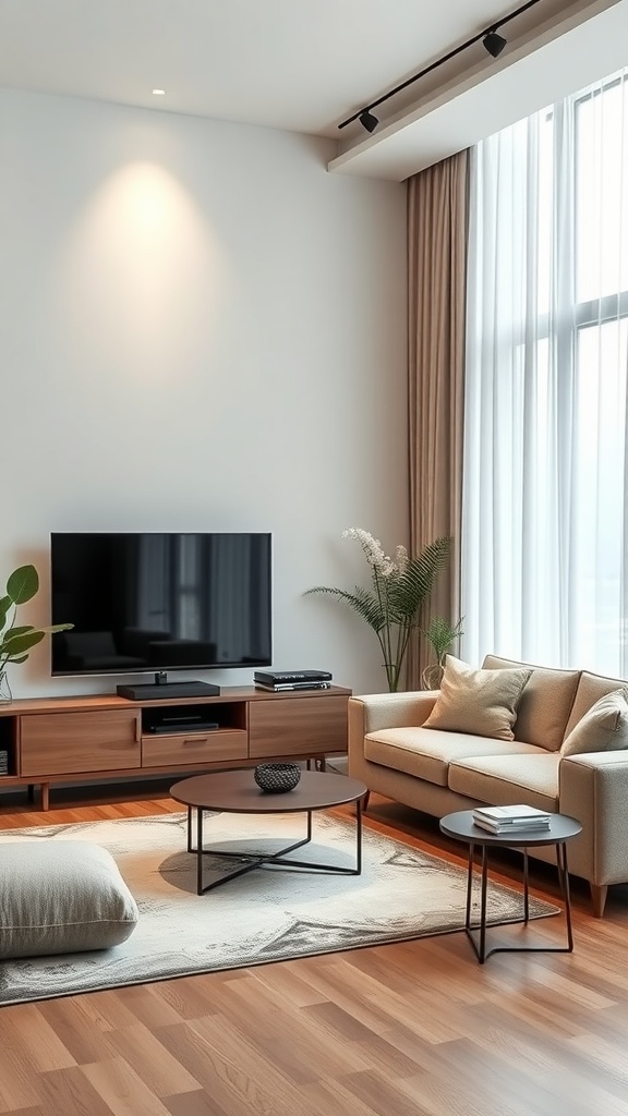 An elegant living room with smart home devices and modern decor.