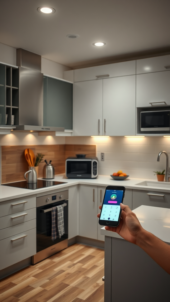 A modern kitchen with smart technology, showcasing a person using a smartphone to control appliances.