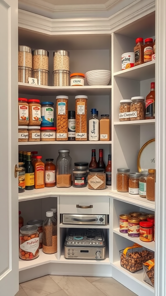 A well-organized corner kitchen pantry with labeled containers and shelves.