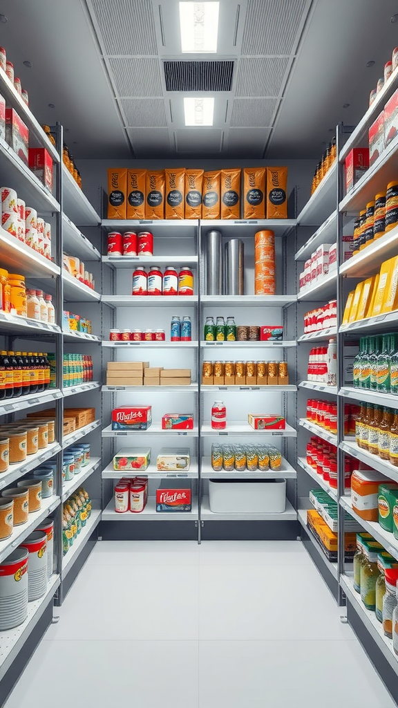 A well-organized smart pantry with various food items neatly displayed on shelves.