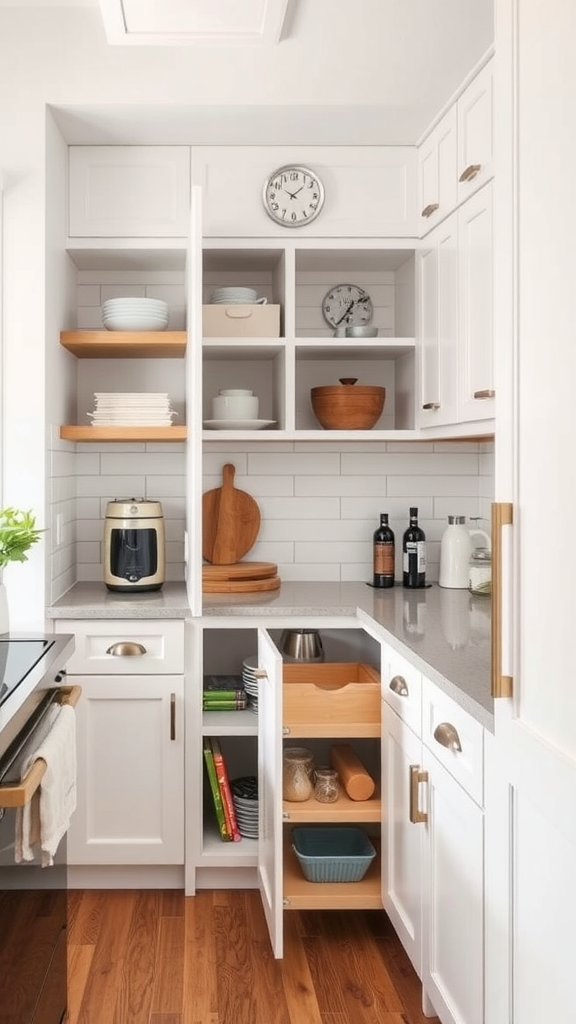 An organized pantry with shelves and drawers showing various kitchen items.