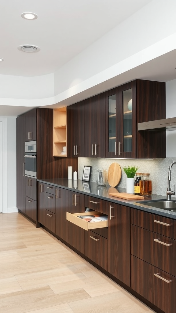 A modern kitchen with espresso cabinets and an open drawer showing organized storage.