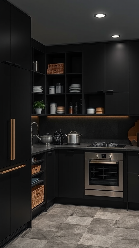 A modern dark kitchen featuring sleek cabinetry, organized shelves, and stylish storage solutions.