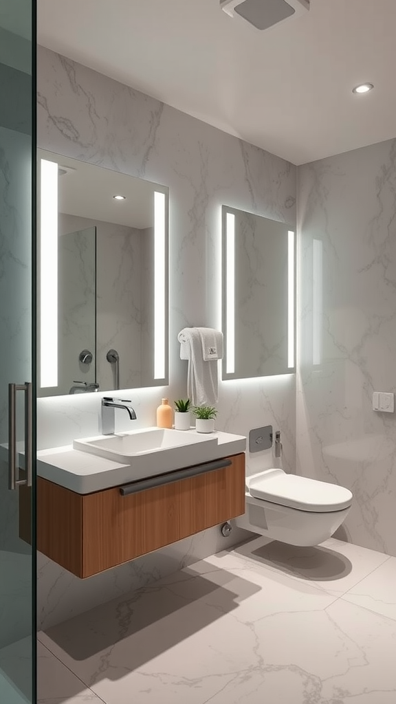 A sleek modern luxury bathroom with smart technology integration.