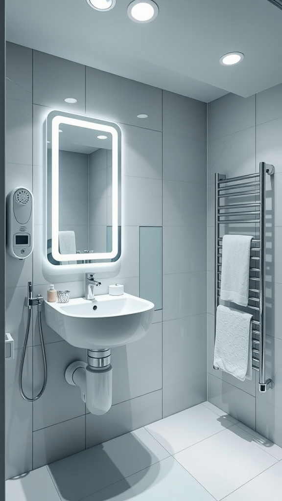 A sleek modern small space bathroom featuring a smart mirror, stylish sink, and towel rack.