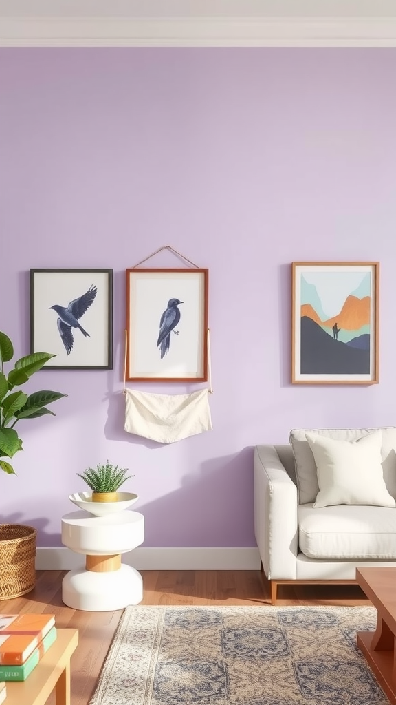 A cozy living room featuring a soft lavender accent wall decorated with framed bird illustrations and a scenic artwork.