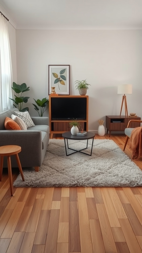 A cozy living room with a soft area rug, wooden flooring, and plants.