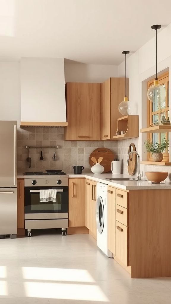 A cozy kitchen featuring a soft beige and brown color scheme with wooden cabinets and a stylish design.