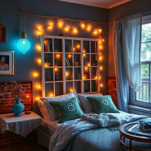 A cozy bedroom with soft blue and warm lighting, featuring a bed and decorative elements.