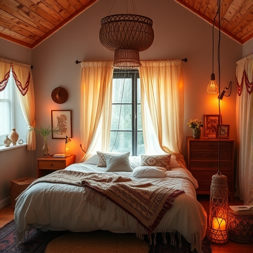 A cozy bedroom with soft lighting, featuring a comfortable bed, curtains, and warm decorative elements.