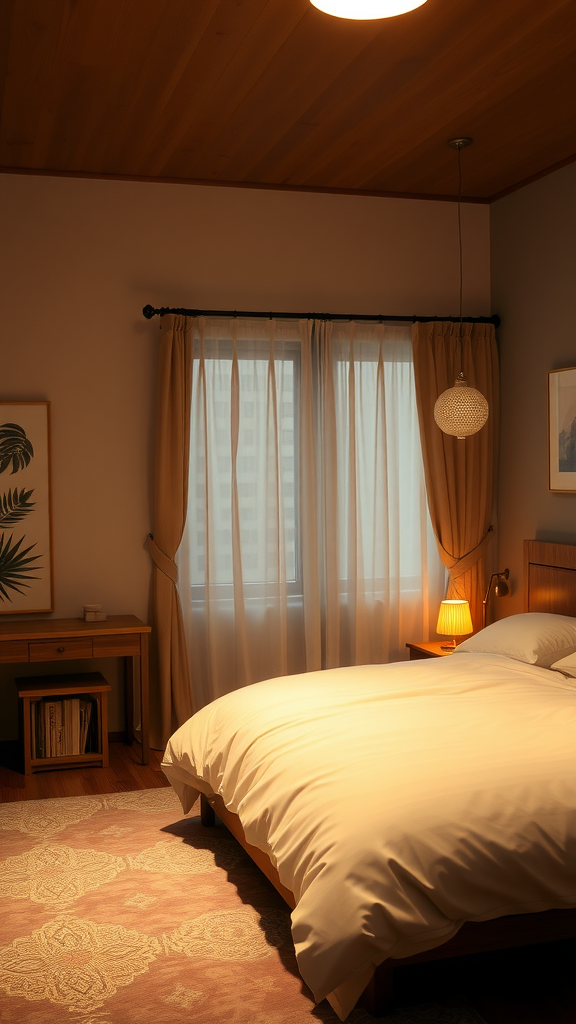 A cozy bedroom with soft lighting, featuring a bed, curtains, and warm decor.