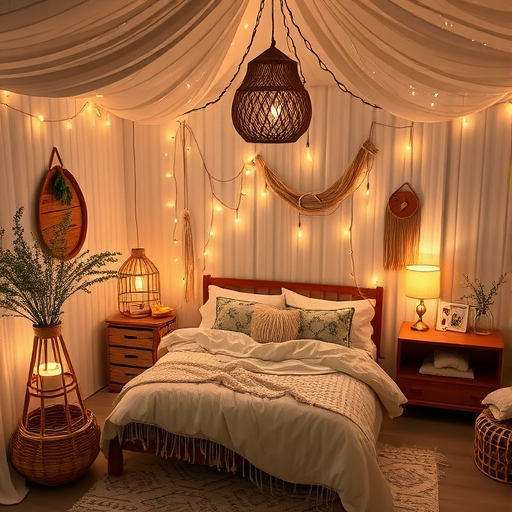 A cozy bedroom with soft lighting and fairy lights, featuring a bed with white bedding, decorative pillows, and plants.