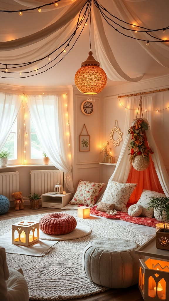 A cozy playroom with soft lighting, featuring fairy lights, cushions, and a warm atmosphere.