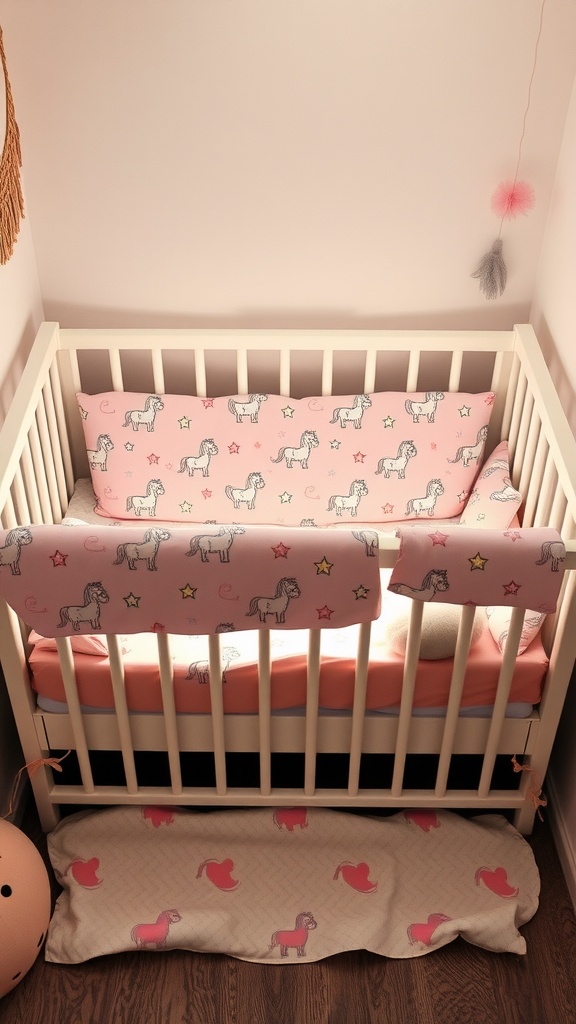 A nursery crib with soft pastel bedding featuring unicorn patterns and a cozy atmosphere.